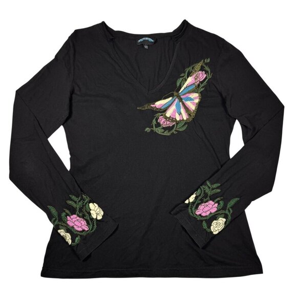 VTG Y2K Till The End Embroidered Tee Sz.L Black V-Neck Butterfly Fairy Grunge - Picture 12 of 12
